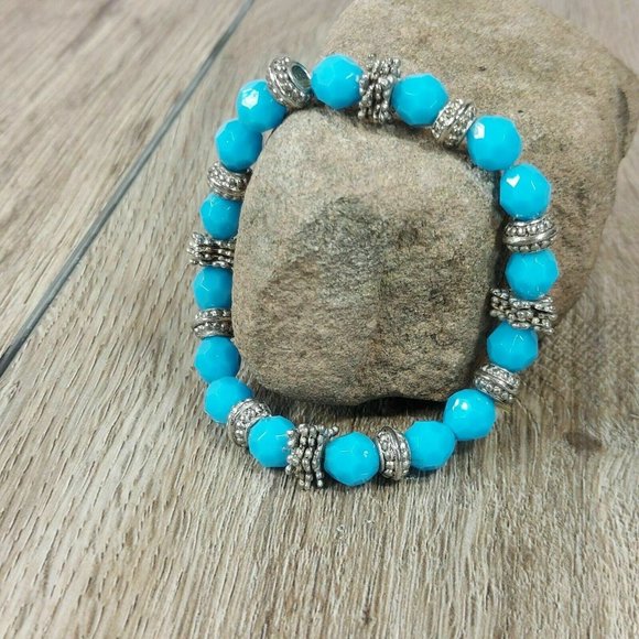 Blue & Silver Stones Beaded Bracelet Gemstones Beads Jewelry Jewel Trinket Gift - Picture 2 of 10